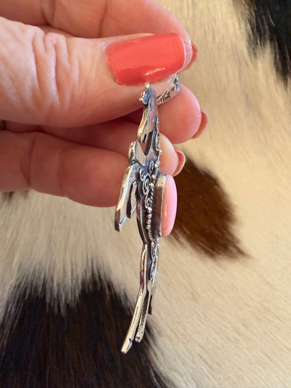 ❤️ Queen Pink Conch Sterling Hand Stamped Statement Rearing Horse Pendant 2.51”L - Picture 8 of 13
